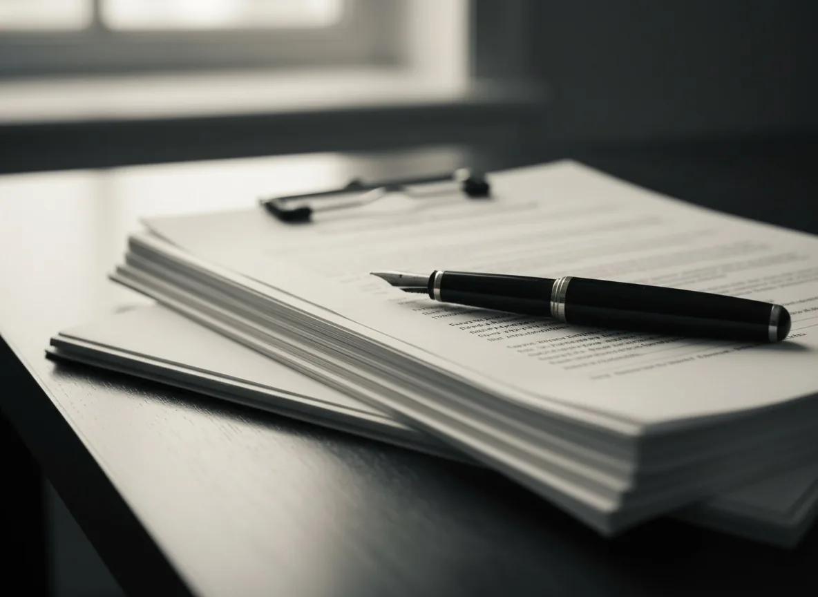 Financial and legal documents on a desk.